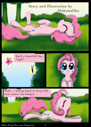 Size: 1262x1754 | Tagged: safe, artist:helenasherzblut, character:pinkie pie, butterfly, comic, cute, lost memories, on back, sleeping, stretching