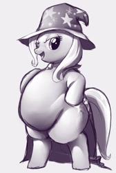 Size: 1280x1910 | Tagged: safe, artist:trinity-fate62, character:trixie, species:pony, belly, bipedal, chubby, fat, female, monochrome, solo, the great and bountiful trixie
