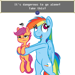 Size: 700x700 | Tagged: safe, artist:scherzo, character:rainbow dash, character:scootaloo, species:pegasus, species:pony, holding a pony, it's dangerous to go alone, parody, rainbowfreakindash, scootaloo is not amused, take this, the legend of zelda