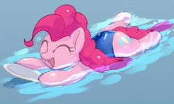 Size: 1358x810 | Tagged: safe, artist:masak9, character:pinkie pie, species:earth pony, species:pony, ask school swimsuit pinkie pie, clothing, female, mare, one-piece swimsuit, open mouth, pixiv, school swimsuit, smiling, solo, sukumizu, swimming, swimming pool, swimsuit