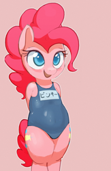 Size: 1024x1572 | Tagged: safe, artist:masak9, character:pinkie pie, species:pony, ask school swimsuit pinkie pie, bipedal, blush sticker, blushing, clothing, colored pupils, cute, diapinkes, female, japanese, one-piece swimsuit, open mouth, pixiv, school swimsuit, simple background, smiling, solo, sukumizu, swimsuit