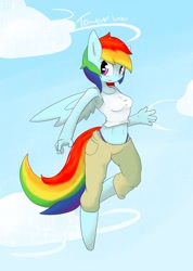 Size: 1280x1801 | Tagged: safe, artist:tesslashy, character:rainbow dash, species:anthro, clothing, female, flying, panties, solo, thong, underwear