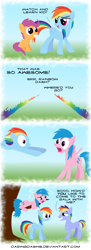 Size: 2000x5477 | Tagged: safe, artist:daringdashie, character:firefly, character:rainbow blaze, character:rainbow dash, character:scootaloo, species:pegasus, species:pony, ship:fireblaze, g1, g4, back to the future, circling stars, comic, female, filly, firefly as rainbow dash's mom, foal, g1 to g4, generation leap, implied incest, male, mare, rainbow fire, shipping, straight