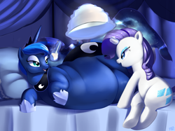 Size: 1280x959 | Tagged: safe, artist:trinity-fate62, character:princess luna, character:rarity, species:alicorn, species:pony, bed, bedroom eyes, belly, cake, chubbity, chubby, eye contact, fat, fat princess, feedee, feeder, feeding, impossibly large butt, magic, on side, open mouth, pillow, princess moonpig, sitting, smiling, telekinesis, weight gain