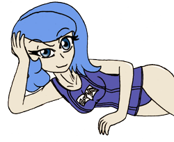 Size: 838x683 | Tagged: safe, artist:dankodeadzone, character:princess luna, clothing, female, humanized, intrigued, one-piece swimsuit, school swimsuit, simple background, smiling, smirk, solo, swimsuit