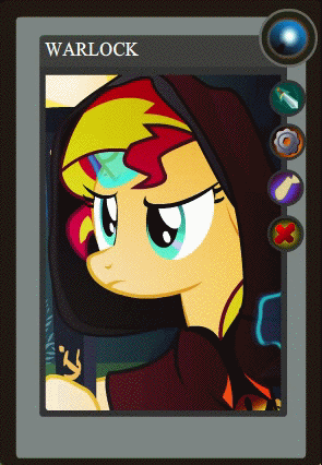 Size: 295x426 | Tagged: safe, artist:yudhaikeledai, part of a set, character:sunset shimmer, species:pony, species:unicorn, animated, dota 2, female, fire, hood, magic, part of a series, ponified, ponified dota 2 cards, solo, warlock