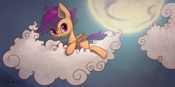 Size: 5002x2477 | Tagged: safe, artist:jggjqm522, character:scootaloo, species:pegasus, species:pony, cloud, cloudy, cute, cutealoo, female, looking at you, moon, prone, sky, smiling, solo