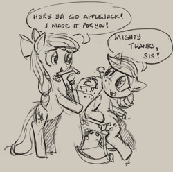 Size: 606x602 | Tagged: safe, artist:ruffu, character:apple bloom, character:applejack, chair, older, rocking chair