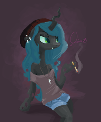 Size: 1518x1830 | Tagged: safe, alternate version, artist:twitchykismet, character:queen chrysalis, species:changeling, changeling queen, cigarette, clothing, cross, female, hat, hipster, necklace, piercing, smoke, smoking, solo
