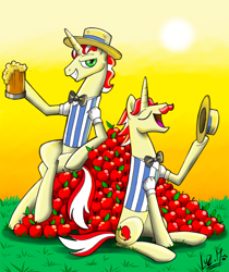 Size: 850x1013 | Tagged: safe, artist:chocolatechilla, character:flam, character:flim, species:pony, species:unicorn, apple, brothers, cider, flim flam brothers, food, male, siblings, stallion