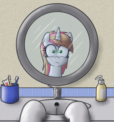 Size: 825x882 | Tagged: safe, artist:paper-pony, oc, oc only, oc:rosy stripes, species:pony, species:unicorn, fanfic:first pony view, fanfic, fanfic art, faucet, female, hooves on the table, looking at you, mare, mirror, pov, rule 63, sink, soap, solo, toothbrush, toothpaste, transformation, transgender transformation, worried
