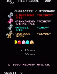 Size: 672x864 | Tagged: safe, artist:anonycat, edit, character:igneous rock pie, character:limestone pie, character:marble pie, character:pinkamena diane pie, character:pinkie pie, desktop ponies, cute, cuteamena, limabetes, marblebetes, pac-man, pie family