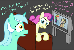 Size: 759x521 | Tagged: safe, artist:paper-pony, character:applejack, character:bon bon, character:lyra heartstrings, character:rainbow dash, character:sweetie drops, couch, humanized, i watch it for the plot, my little human, role reversal, television