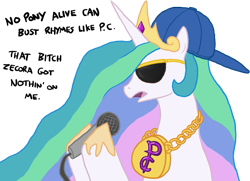 Size: 819x593 | Tagged: safe, artist:paper-pony, character:princess celestia, clothing, female, hat, microphone, necklace, rap, solo, sunglasses, vulgar