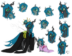 Size: 3000x2300 | Tagged: safe, artist:valkyrie-girl, character:queen chrysalis, oc, oc:pupa, parent:queen chrysalis, species:changeling, bedroom eyes, changeling oc, changeling queen, clothing, confused, cute, cutealis, cuteling, drool, duo, duo female, facial expressions, fangs, female, frown, glare, happy, kimono (clothing), looking at you, maternal instinct, mommy chrissy, mother and daughter, nuzzling, nymph, ocbetes, offspring, open mouth, raised eyebrow, sad, sketch dump, smiling