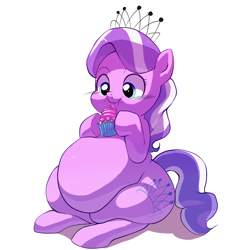 Size: 1280x1295 | Tagged: safe, artist:trinity-fate62, character:diamond tiara, species:earth pony, species:pony, belly, chubby diamond, chubby diamond tiara, cupcake, eating, fat, female, filly, obese, simple background, solo, white background