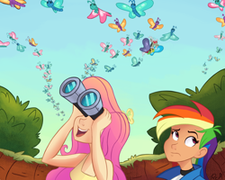 Size: 1500x1200 | Tagged: safe, artist:ric-m, character:discord, character:fluttershy, character:rainbow dash, species:human, episode:dragon quest, g4, my little pony: friendship is magic, binoculars, bored, butterfly, butterfly migration, humanized, looking up, migration, one of these things is not like the others, scene interpretation, species swap