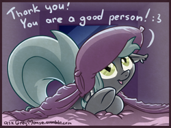 Size: 1600x1200 | Tagged: safe, artist:az-pekt, oc, oc only, oc:grey mouse, species:bat pony, species:pony, :3, ask grey mouse, bed, female, mare, solo, talking to viewer, underhoof
