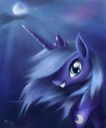 Size: 3000x3600 | Tagged: safe, artist:ajvl, character:princess luna, species:alicorn, species:pony, alternate hairstyle, bust, female, grin, happy, high res, horn, jewelry, mare, moon, night, photoshop, portrait, regalia, s1 luna, smiling, solo, tiara, windswept mane