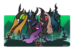 Size: 600x421 | Tagged: safe, artist:srmario, character:queen chrysalis, oc, oc:ambrosia, oc:calliphora, oc:miasma, oc:myxine, species:changeling, bedroom eyes, blue changeling, changeling oc, changeling queen, changeling queen oc, eyes closed, female, grin, looking at you, out of frame, purple changeling, quintet, raised eyebrow, red changeling, smiling, yellow changeling