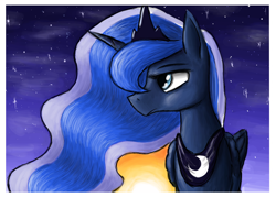 Size: 870x624 | Tagged: safe, artist:paper-pony, character:princess luna, species:alicorn, species:pony, female, mare, night, night sky, sky, solo, stars