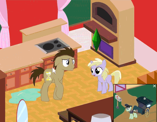Size: 616x480 | Tagged: safe, artist:yudhaikeledai, character:derpy hooves, character:dinky hooves, character:doctor whooves, character:time turner, species:pegasus, species:pony, animated, butt, comforting, equestria's best daughter, female, happy, implied wetting, mare, plot, plumbob, ponified, the ponies, the sims, urine, wide eyes