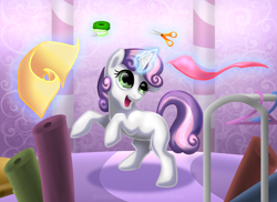 Size: 3652x2658 | Tagged: safe, artist:gonedreamer, character:sweetie belle, fabric, female, high res, magic, scissors, solo