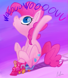 Size: 571x651 | Tagged: safe, artist:vertizontal, character:pinkie pie, female, riding, size difference, solo, toy, train