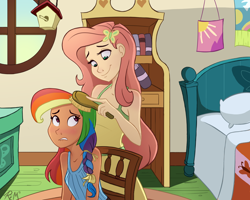 Size: 1500x1200 | Tagged: safe, artist:ric-m, character:fluttershy, character:rainbow dash, species:human, alternate hairstyle, awkward, beautiful, bedroom, blushing, braid, brushie, clothing, cute, dashabetes, dress, duo, female, grooming, humanized, interior, lip bite, shyabetes, tomboy taming