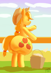 Size: 1280x1813 | Tagged: safe, artist:trinity-fate62, character:applejack, species:pony, applebutt, bipedal, female, fence, impossibly large butt, plot, solo, the ass was fat