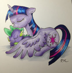 Size: 1224x1236 | Tagged: safe, artist:catscratchpaper, character:spike, character:twilight sparkle, character:twilight sparkle (alicorn), species:alicorn, species:pony, female, hug, mare, sleeping, snuggling, spikelove, traditional art, winghug