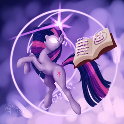 Size: 2480x2480 | Tagged: safe, artist:dalagar, character:twilight sparkle, species:pony, book, female, glowing eyes, magic, solo