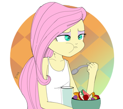 Size: 2600x2300 | Tagged: safe, artist:thenornonthego, character:fluttershy, my little pony:equestria girls, aweeg*, clothing, eating, female, food, fruit salad, solo, tank top