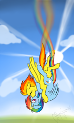 Size: 900x1500 | Tagged: safe, artist:calicopikachu, character:rainbow dash, character:spitfire, species:pegasus, species:pony, ship:spitdash, g4, artifact, blushing, cloud, cloudy, contrail, crepuscular rays, cute, cutefire, dashabetes, day, eyes closed, falling, female, first lesbian picture on derpibooru, first rainbow dash picture on derpibooru, first shipping picture on derpibooru, first spitfire picture on derpibooru, floppy ears, flying, hug, kissing, lesbian, mare, omote renge, one of the first, rainbow, rainbow trail, shipping, signature, sky, skyfall, spread wings, sun, sunlight, sunshine, surprise kiss, surprised, sweet dreams fuel, wide eyes, wings
