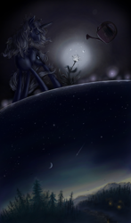 Size: 752x1280 | Tagged: safe, artist:grayma1k, character:princess luna, species:alicorn, species:pony, crescent moon, dark, female, flower, glow, moon, night, scenery, solo, surreal, tree, watering can