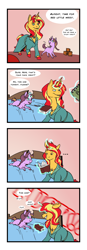 Size: 1390x3982 | Tagged: safe, artist:pasu-chan, manebooru original, oc, oc:morning glisten, parent:fluttershy, parent:sunset shimmer, parent:twilight sparkle, species:pony, species:unicorn, series:who we become, g4, bed, bedtime story, book, comic, female, females only, filly, mare, mother and daughter, vulgar