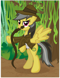 Size: 2563x3313 | Tagged: safe, artist:inkrose98, character:daring do, species:pegasus, species:pony, bipedal, clothing, fedora, female, hat, indiana jones, jungle, simple background, solo, transparent background, vector, whip