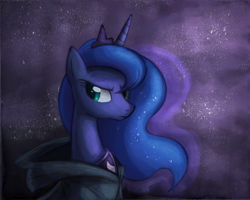 Size: 1500x1200 | Tagged: safe, artist:ric-m, character:princess luna, species:alicorn, species:pony, g4, bust, cloak, clothing, colored pupils, female, hood, horn, jewelry, mare, portrait, profile, regalia, solo, tiara