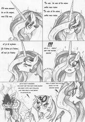 Size: 845x1200 | Tagged: safe, artist:leovictor, character:dj pon-3, character:doctor whooves, character:princess celestia, character:time turner, character:vinyl scratch, bedroom eyes, blushing, comic, drool, eyes closed, hair over one eye, je t'aime, looking at you, open mouth, sexy, singing, smiling, song reference, sparkles, steam, stupid sexy celestia, water