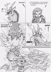 Size: 884x1250 | Tagged: safe, artist:leovictor, character:discord, character:fluttershy, species:draconequus, species:pegasus, species:pony, angry, atatatatata, aura, broken teeth, comic, female, hokuto no ken, male, mare, open mouth, punch, question mark, rage, raised eyebrow, spread wings, this will end in pain and/or death, tongue out, wide eyes, wings, x eyes