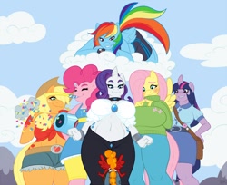 Size: 1280x1044 | Tagged: safe, artist:sheela, character:applejack, character:fluttershy, character:pinkie pie, character:rainbow dash, character:rarity, character:twilight sparkle, oc, species:anthro, applebucking thighs, belly button, big breasts, breasts, busty applejack, busty fluttershy, busty rarity, busty twilight sparkle, clothing, dress, female, front knot midriff, giantess, giantshy, huge breasts, low angle, macro, mane six, midriff, size difference, skirt, sweater, sweatershy