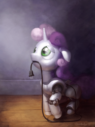 Size: 966x1289 | Tagged: safe, artist:cannibalus, character:sweetie belle, species:pony, species:unicorn, sweetie bot, charging, cute, diasweetes, female, filly, floppy ears, foal, frown, hooves, horn, looking up, mouth hold, plug, robot, robot pony, sad, solo, thunder struck, us plug