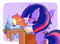 Size: 850x614 | Tagged: safe, artist:nyankamedon, character:rainbow dash, character:twilight sparkle, species:pony, bipedal, blushing, book, bored, drool, glasses, hilarious in hindsight, lecture, pixiv, sleepy