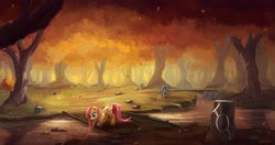 Size: 2000x1053 | Tagged: safe, artist:ajvl, character:fluttershy, species:pegasus, species:pony, bridge, female, forest, mare, river, scenery, solo, standing stones