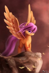 Size: 1500x2200 | Tagged: safe, artist:ajvl, character:scootaloo, species:pegasus, species:pony, alternate hairstyle, big wings, epic, female, frown, solo, spread wings, wings