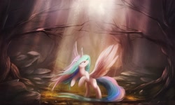 Size: 1980x1188 | Tagged: safe, artist:ajvl, character:princess celestia, species:alicorn, species:pony, boulder, crepuscular rays, dead tree, dust, female, forest, looking up, missing accessory, rearing, scenery, solo, spread wings, tree, wings