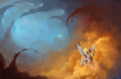 Size: 2600x1700 | Tagged: safe, artist:ajvl, character:derpy hooves, species:bird, species:pegasus, species:pony, cloud, cloudy, female, flying, mare, scenery, sky, solo