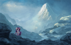 Size: 1000x629 | Tagged: safe, artist:ajvl, character:rarity, female, mountain, scenery, snow, solo
