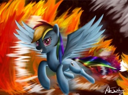 Size: 1280x946 | Tagged: safe, artist:ajvl, character:rainbow dash, female, fire, looking at you, solo