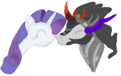 Size: 725x456 | Tagged: safe, artist:sigmanas, character:king sombra, character:rarity, ship:sombrarity, bust, digital art, eyes closed, female, male, nuzzling, portrait, shipping, simple background, sketch, smiling, straight, white background